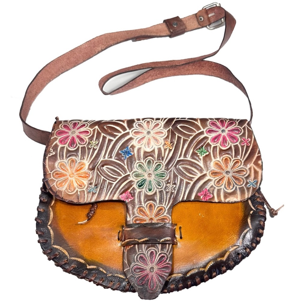Genuine Brown Leather Crossbody Shoulder Bag Stitched in Waxed Thread, HANDMADE